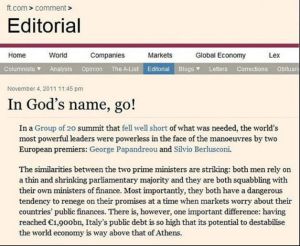 Financial Times a Berlusconi: "In nome di Dio e dell'Italia, vattene!"