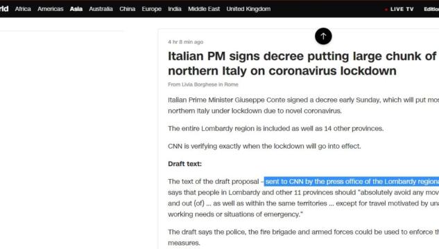 Cnn chiarisce che la bozza del decreto è stata «confermata dalla regione Lombardia»